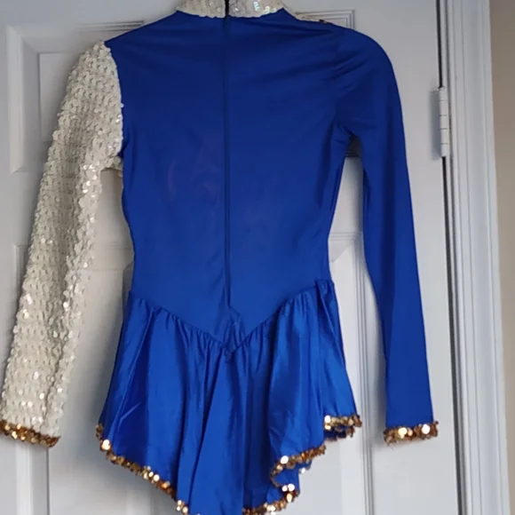 Small Ladies Blue & White Sequin Figure Skating Dress with Gold Trim - Picture 5 of 7